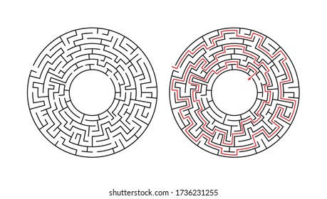 Vector circle maze isolated on white background. Education logic game labyrinth for kids. With the solution.