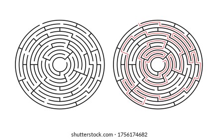 Vector circle maze isolated on white background. Education logic game labyrinth for kids. With the solution.