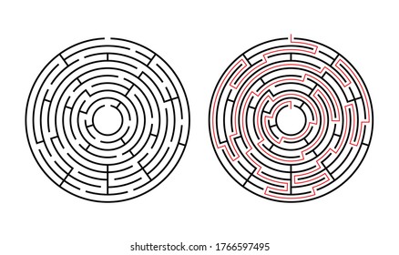 Vector circle maze isolated on white background. Education logic game labyrinth for kids. With the solution.