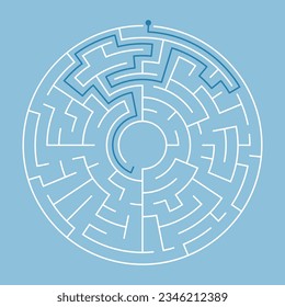 Vector circle maze isolated on blue background. Education logic game labyrinth for kids. With the solution.