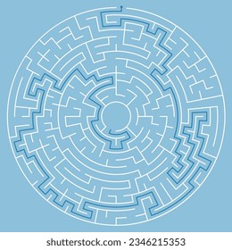 Vector circle maze isolated on blue background. Education logic game labyrinth for kids. With the solution.