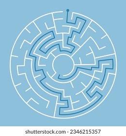 Vector circle maze isolated on blue background. Education logic game labyrinth for kids. With the solution.
