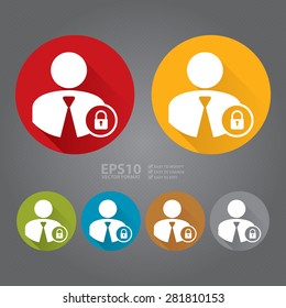 Vector : Circle Member Login, Businessman With Key Lock Flat Long Shadow Style Icon, Label, Sticker, Sign or Banner Isolated on White Background