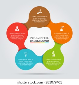 Vector circle metaball for infographic. Template for cycling diagram, graph, presentation. Business concept with 5 options, parts, steps or processes. Abstract background.