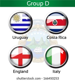 Vector circle metalic flags - football Brazil, group D - Uruguay, Costa Rica, England, Italy - drawing including all details