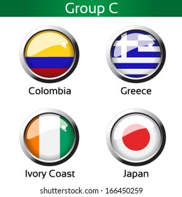 Vector circle metalic flags - football Brazil, group C - Colombia, Greece, Ivory Coast, Japan - drawing including all details 