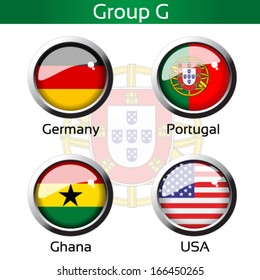 Vector circle metalic flags - football Brazil, group G - Germany, Portugal, Ghana, USA - drawing including all details