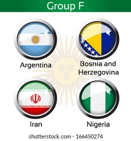 Vector circle metalic flags - football Brazil, group F - Argentina, Bosnia and Herzegovina, Iran, Nigeria - drawing including all details