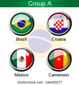 Vector circle metalic flags - football Brazil, group A - Brazil, Croatia, Mexico, Cameroon - drawing including all details