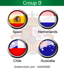 Vector circle metalic flags - football Brazil, group B - Spain, Netherlands, Chile, Australia - drawing including all details