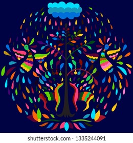 Vector Circle Mexican Otomi Style Bright Pattern. Brignt animal under the tree and rain. Night blue background