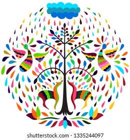 Vector Circle  Mexican Otomi Style Bright Pattern. Bright animals under the tree and rain.