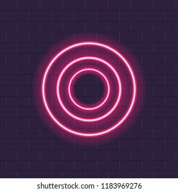Vector Circle Neon Lamps, Brick Wall Background, Pink Power Glowing Lines Banner for Your Design.
