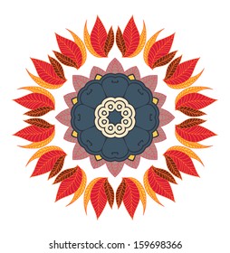 Vector circle ornament round floral pattern with leaves, isolated. Autumn theme. 