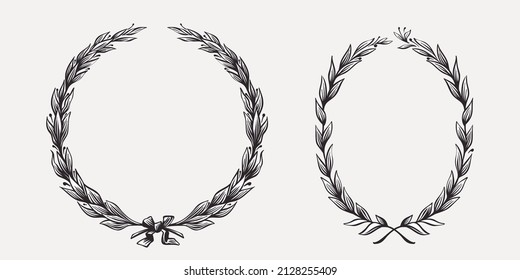 Vector circle and oval olives wreaths. Illustration of US history and 4th of July celebration in engraving style. Perfect for independence day cards, invitations, banners.