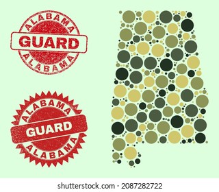 Vector circle parts collage Alabama State map in camo colors, and unclean watermarks for guard and military services. Round red stamps include phrase GUARD inside.