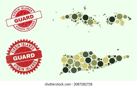 Vector circle parts collage American Virgin Islands map in khaki hues, and unclean badges for guard and military services. Round red stamps include word GUARD inside.