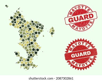 Vector circle parts collage Mayotte Islands map in camo hues, and scratched stamp seals for guard and military services. Round red stamp seals include phrase GUARD inside.