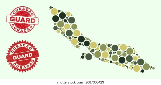 Vector circle parts combination Curacao Island map in camouflage colors, and textured watermarks for guard and military services. Round red stamp seals have phrase GUARD inside.