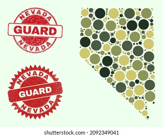 Vector circle parts combination Nevada State map in khaki hues, and rubber stamps for guard and military services. Round red stamps include word GUARD inside.
