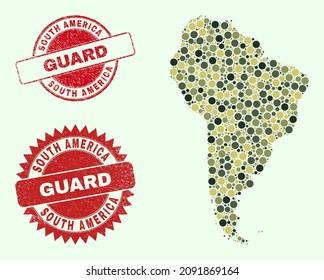 Las partes de los círculos vectoriales combinan el mapa de Sudamérica en colores de camo y estampados sucios para los servicios de guardia y militares. Los sellos rojos redondos contienen la frase GUARD dentro.