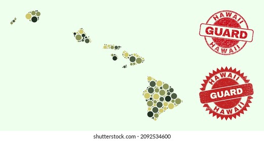 Vector circle parts composition Hawaii State map in camouflage hues, and textured stamp prints for guard and military services. Round red stamp seals include phrase GUARD inside.