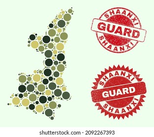 Vector circle parts composition Shaanxi Province map in camouflage hues, and unclean watermarks for guard and military services. Round red seals contain word GUARD inside.
