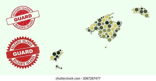 Vector circle parts mosaic Balearic Islands map in camo hues, and unclean stamp imitations for guard and military services. Round red stamps include word GUARD inside.