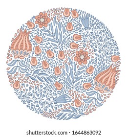 Vector Circle Pattern  with Flowers and Leaves. Spring or Summer  Greeting Card
