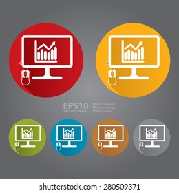 Vector : Circle PC Computer Monitor With Bar Chart, Bar Graph Flat Long Shadow Style Icon, Label, Sticker, Sign or Banner 