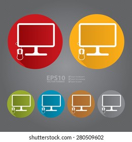 Vector : Circle PC Computer Monitor with Mouse Flat Long Shadow Style Icon, Label, Sticker, Sign or Banner
