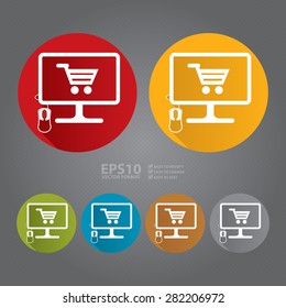 Vector : Circle PC Computer With Shopping Cart on Screen Monitor Flat Long Shadow Style Icon, Label, Sticker, Sign or Banner 