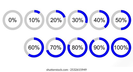 diagrama de progresso percentual de círculo vetorial para números 0, 10, 20, 30, 40, 50, 60, 70, 80, 90, 100. gráfico de pizza vetorial ícone definido para infográficos, site, aplicativo, UI etc	