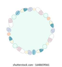 Vector circle of pills and tablets with medicines,  against viruses. Medical design isolated on white. Symbol - no to sickness