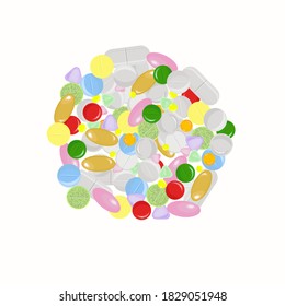 Vector circle of pills and tablets, medicines, antibiotics and antivirals isolated on a white background