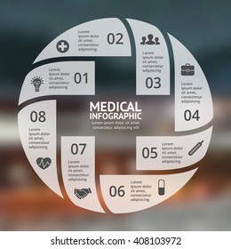 Vector Circle Plus Sign Infographic. Template For Diagram, Graph, Presentation, Chart. Medical Healthcare Concept With 8 Options, Parts, Steps, Process. Doctor Hospital Infographics. Blur Background.