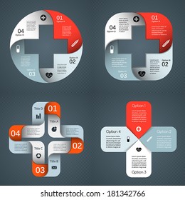 Vector circle plus sign infographics set. Template for diagram, graph, presentation and chart. Medical healthcare concept with four options, parts, steps or processes. Abstract background.