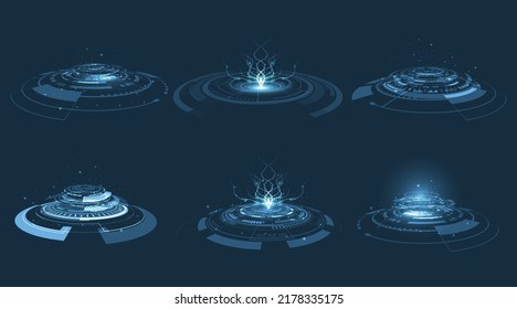 Vector of Circle podium futuristic set. Sci fi gaming hologram circle, digital tech energy element or HUD.