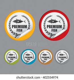 Vector : Circle Premium Fish Product Label, Campaign Promotion Infographics Flat Icon, Peeling Sticker, Sign