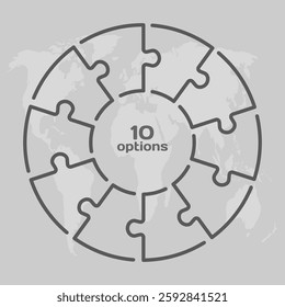 Vector circle process infographic for 10 steps, options or processes. Template for diagram, graph, presentation and chart. Ten parts jigsaw info graphic for business, idea, flow concept