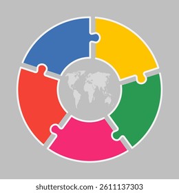 Vector circle process infographic for 5 steps, options or processes. Template for diagram, graph, presentation and chart. Five parts jigsaw info graphic for business, idea, flow concept