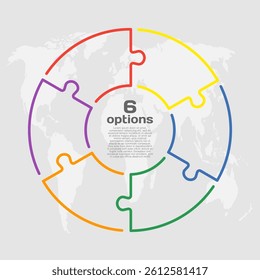 Vector circle process infographic for 6 steps, options or processes. Template for diagram, graph, presentation and chart. Six parts jigsaw info graphic for business, idea, flow concept