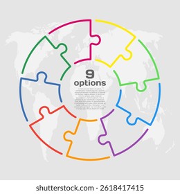 Vector circle process infographic for 9 steps, options or processes. Template for diagram, graph, presentation and chart. Nine parts jigsaw info graphic for business, idea, flow concept