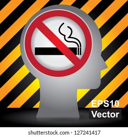 Vector : Circle Prohibited Sign For No Smoking Area Sign in Brain With Caution Zone Dark and Yellow Background