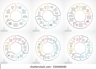 Vector circle puzzle arrows infographics, cycle diagram, linear graph, presentation chart. Business concept with 3, 4, 5, 6, 7, 8 options, parts, steps, processes. Minimalistic flat infographics.