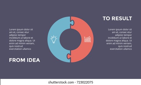 Vector circle puzzle infographic, cycle diagram, graph, presentation chart. Business infographics concept with 2 options, parts, steps, processes. From idea to result. 16x9 dark slide template.