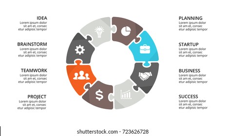 Vector circle puzzle infographic, cycle diagram, graph, presentation chart. Business infographics  concept with 8 options, parts, steps, processes. 16x9 slide template.