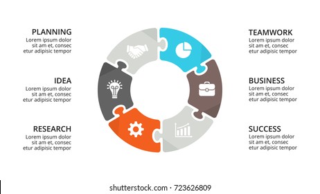 Vector circle puzzle infographic, cycle diagram, graph, presentation chart. Business infographics concept with 6 options, parts, steps, processes. 16x9 slide template.