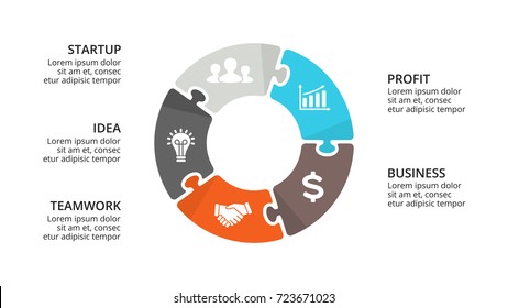 Vector circle puzzle infographic, cycle diagram, graph, presentation chart. Business infographics concept with 5 options, parts, steps, processes. 16x9 slide template.