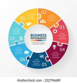Vector circle puzzle infographic. Template for diagram, graph, presentation and chart. Business concept with 7 cyclic options, parts, steps or processes. Abstract background.